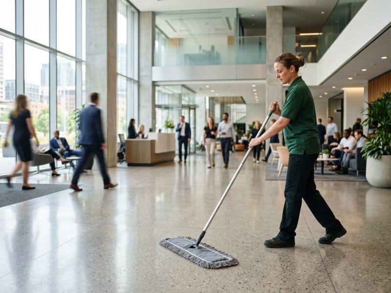 Day porter maintaining an office lobby during business hours