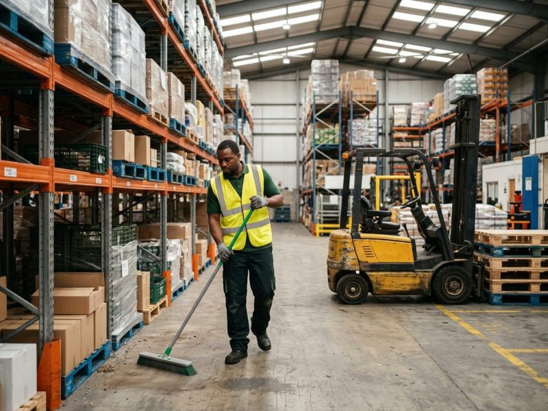 Safety-aware cleaning crew in an active warehouse